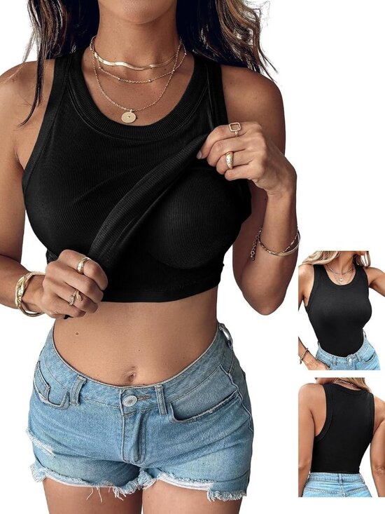 Tops - Women Built-in Bra Tank Tops Sleeveless Casual Shirts Racerback Ribbed Fitted